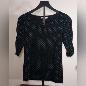 White House Black Market Fitted Black With Teal Polk Dots 3/4 Sleeve Blouse Smal